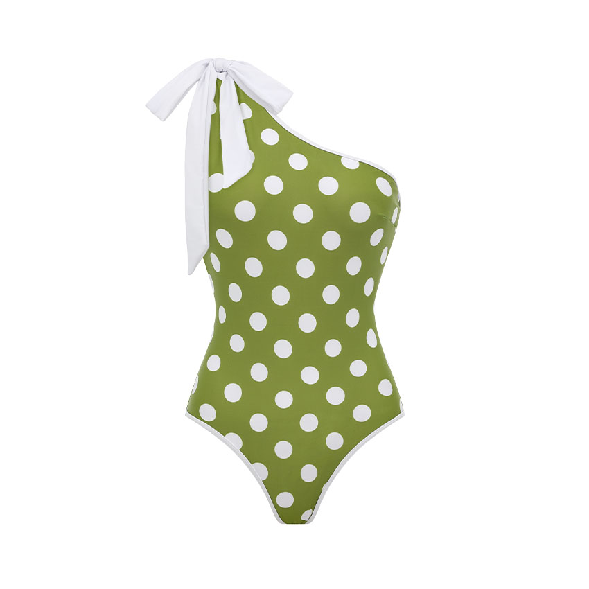 Oblique Shoulder Bowknot Polka Dot Print Swimsuit Set(s)